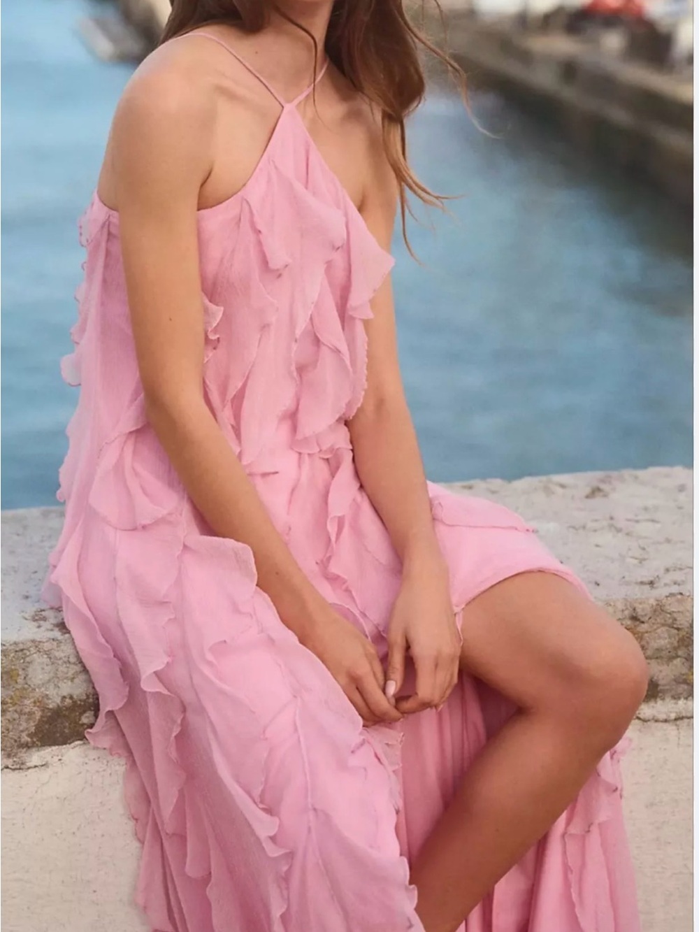 BHLDN Pink Ruffle Maxi Dress